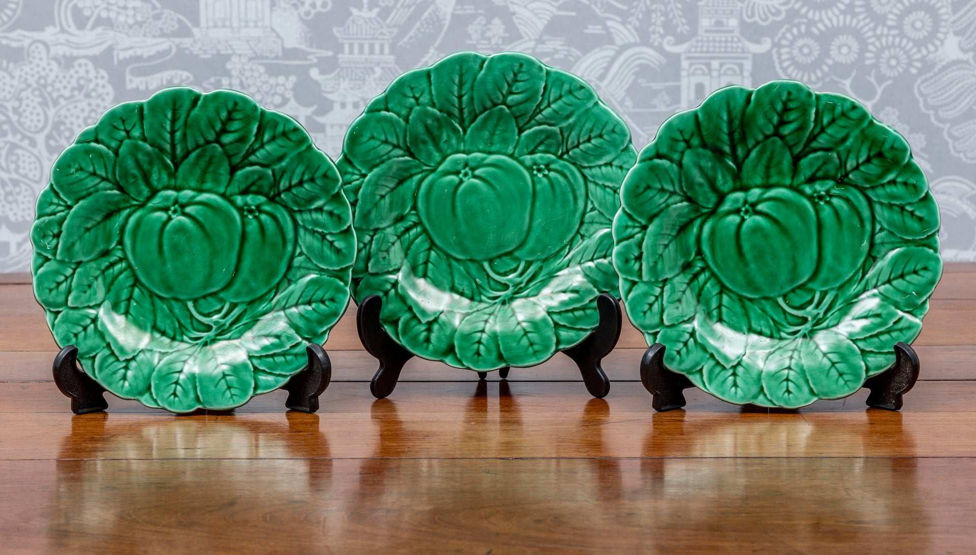 SOLD A set of three  quince design green faience fruit plates, French Circa 1900 by Sarreguemines