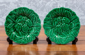 SOLD A pair of green strawberry design faience fruit plates, French Circa 1900 by Sarreguemines