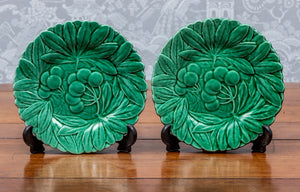 SOLD A pair of cherry design green faience fruit plates, French Circa 1900 by Sarreguemines