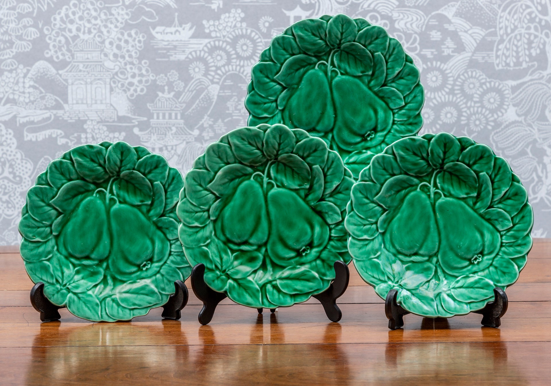 SOLD A set of four pear design green faience fruit plates, French Circa 1900 by Sarreguemines