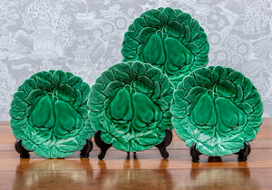 SOLD A set of four pear design green faience fruit plates, French Circa 1900 by Sarreguemines