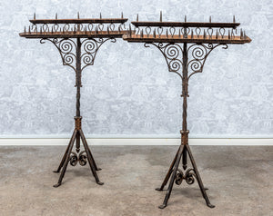 SOLD A pair of impressive and very decorative black painted wrought iron floor candle-stands, French 19th century