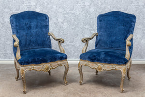 SOLD A pair of handsome carved and giltwood painted armchairs in the Louis XV manner, French circa 1920