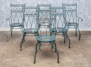 SOLD A very decorative and unusual set of six teal painted metal garden chairs, French circa 1950