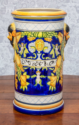 SOLD An attractive polychrome painted faience cylindrical umbrella stand, Italian circa 1950