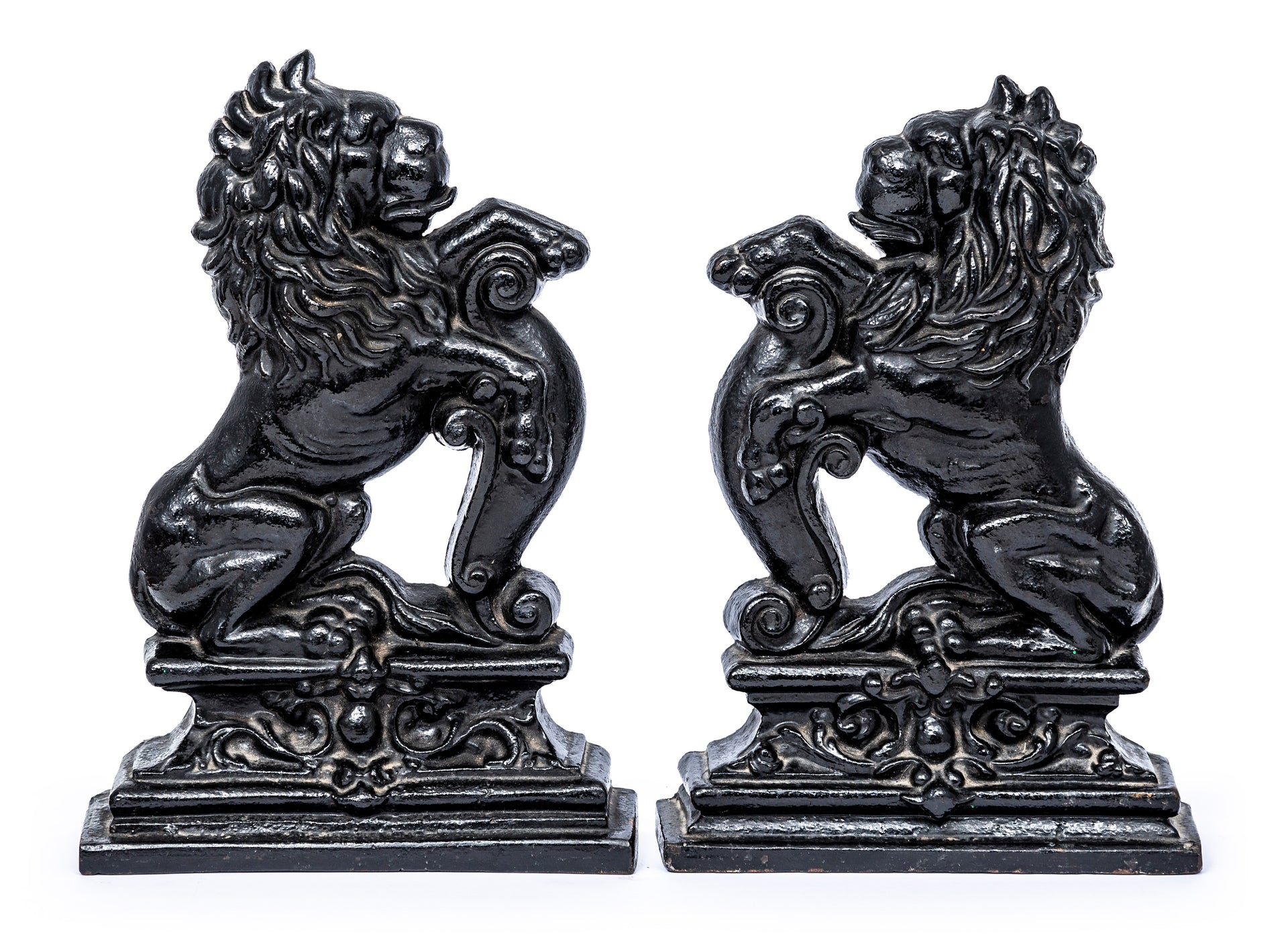 SOLD A very good pair of large black painted cast- iron doorstops in the form of heraldic lions, English 19th century