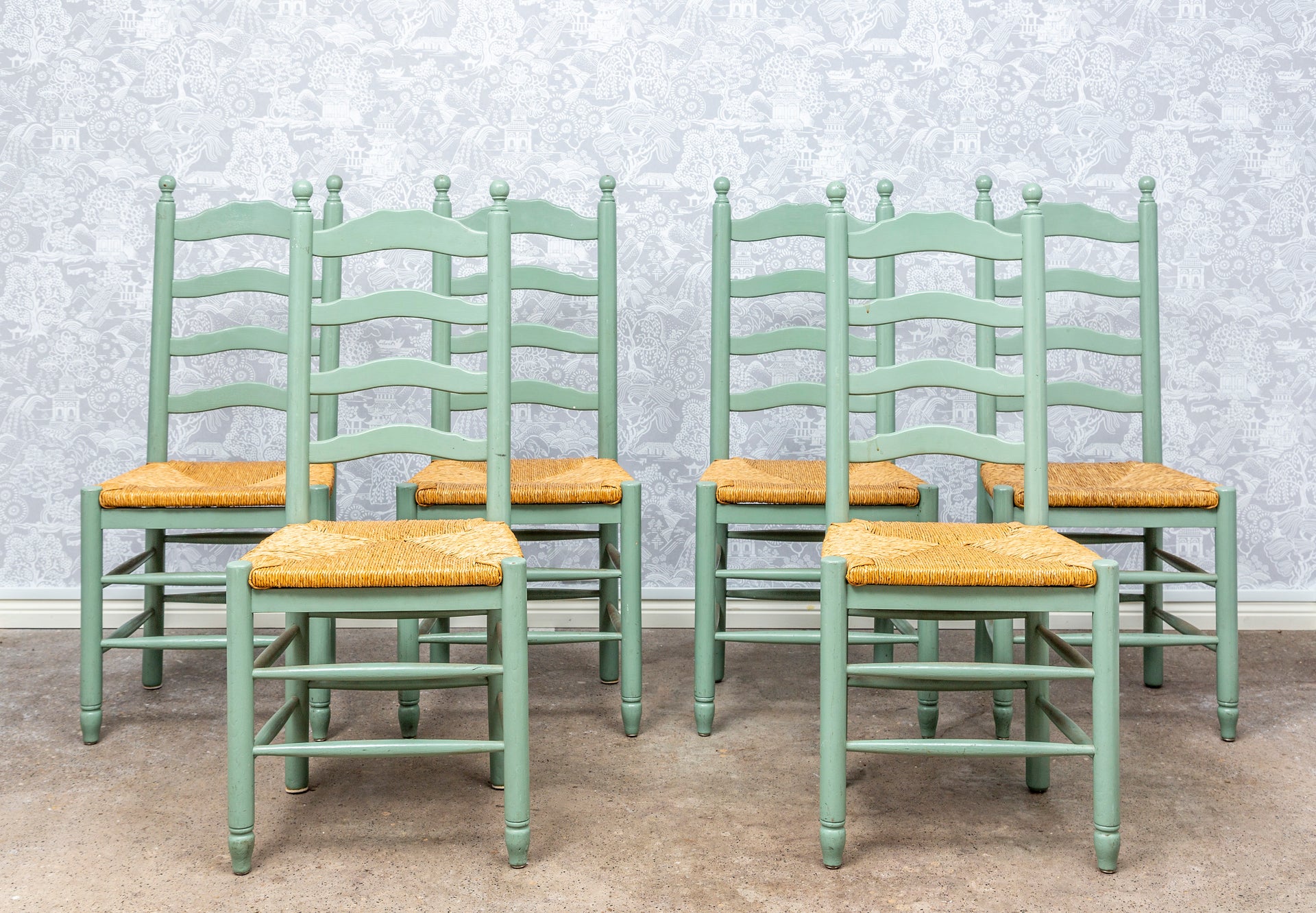 SOLD A set of six pale green painted and lacquered ladder back dining chairs, French circa 1940