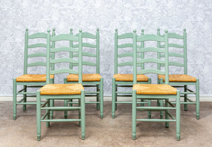SOLD A set of six pale green painted and lacquered ladder back dining chairs, French circa 1940