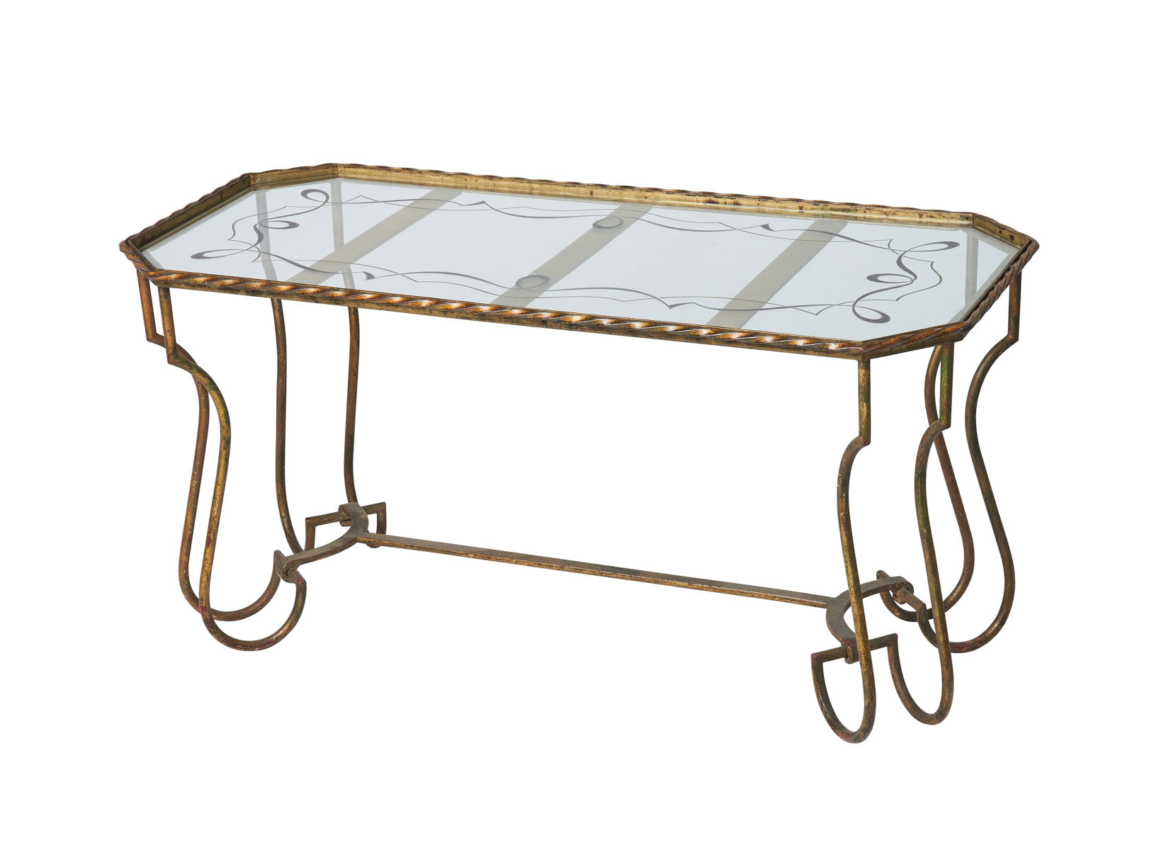 SOLD A pretty verre-eglomise and gilt metal coffee table with scrolling leg base, French Circa 1940