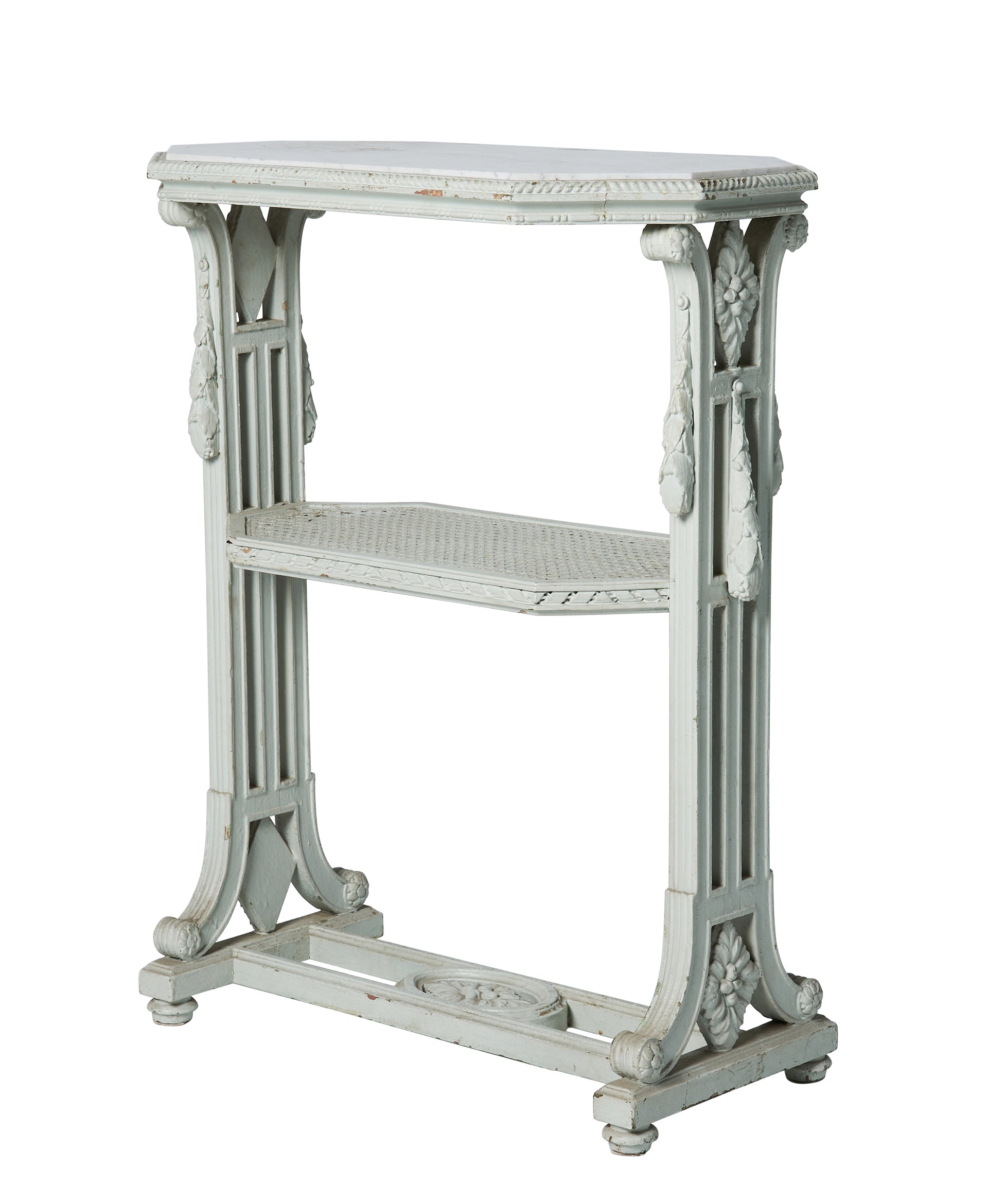 SOLD A Louis XVI style two-tiered grey painted etagere with white marble top, French 19th Century