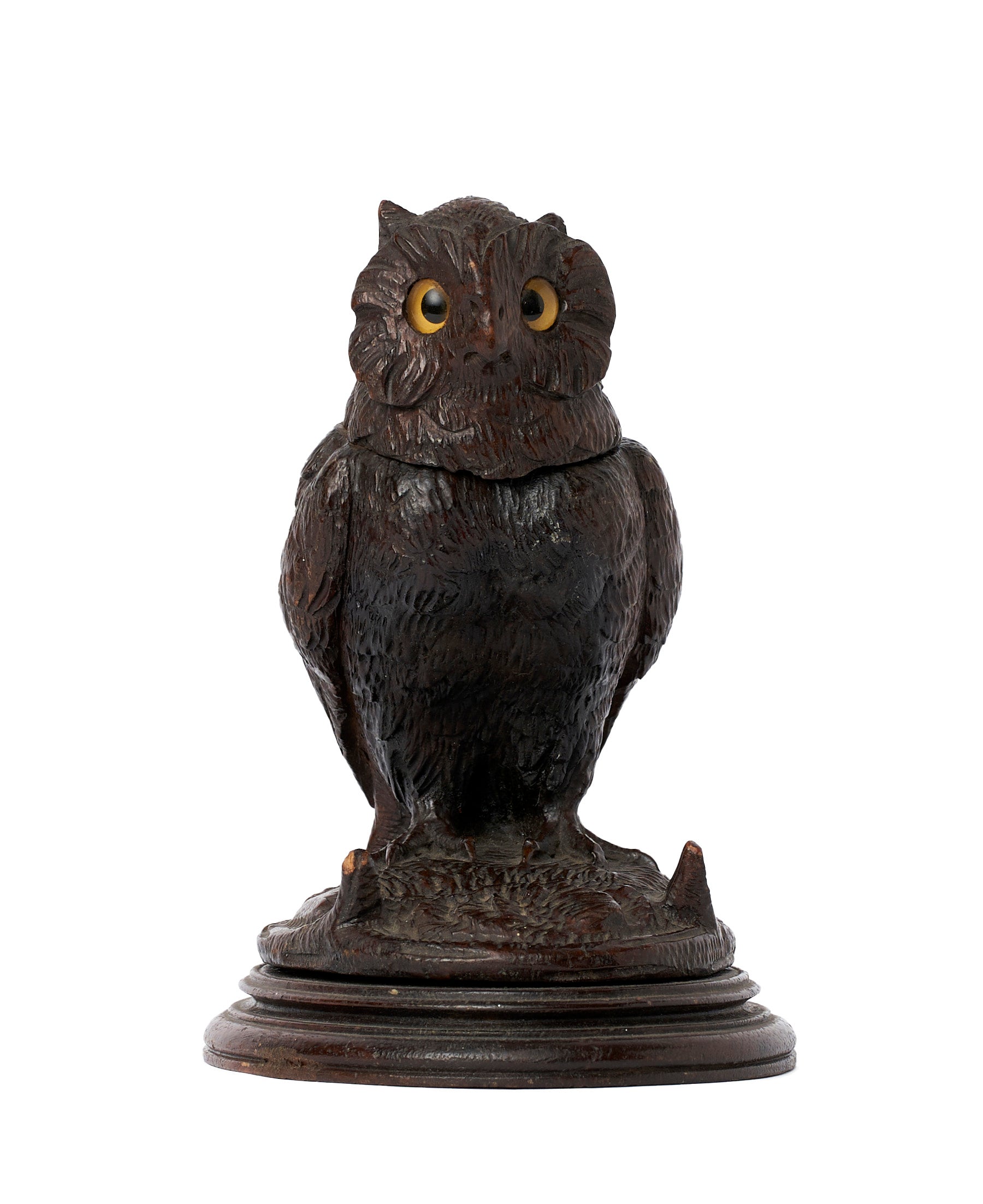 SOLD A carved wood owl-form inkwell with glass eyes, Black Forest region, 19th century