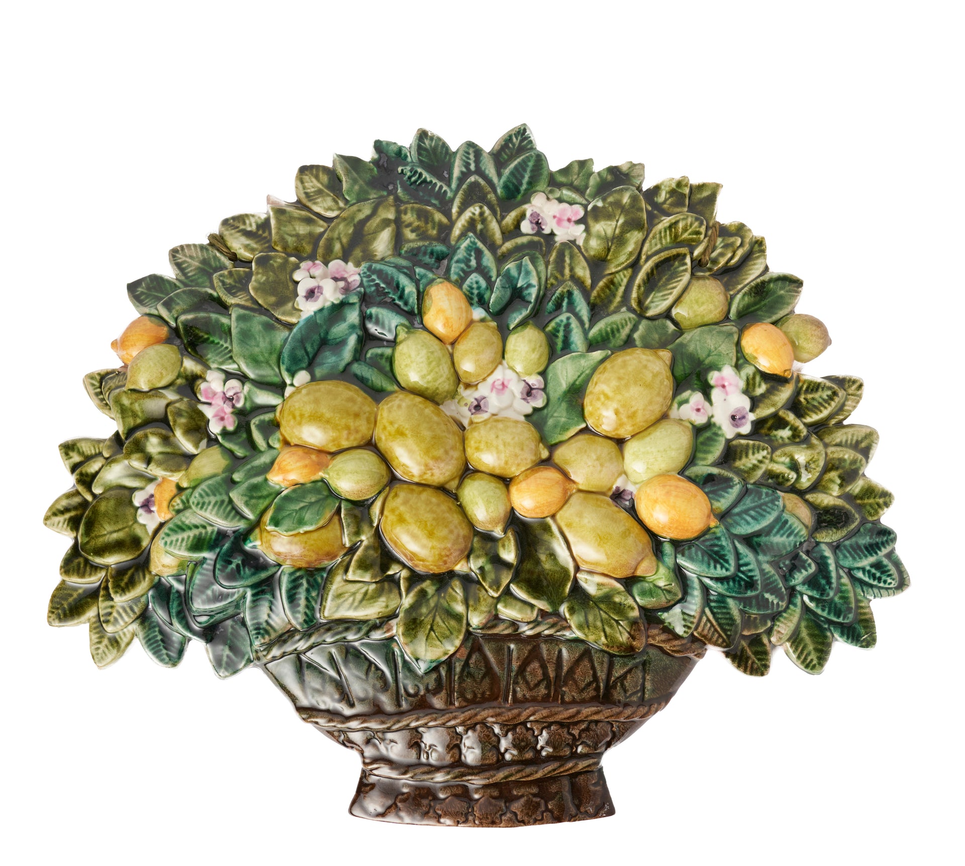 SOLD An outstanding glazed ceramic wall plaque in the form of a basket of lemons and leaves, Italian circa 1950
