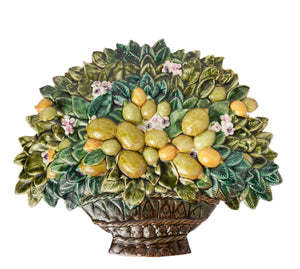SOLD An outstanding glazed ceramic wall plaque in the form of a basket of lemons and leaves, Italian circa 1950