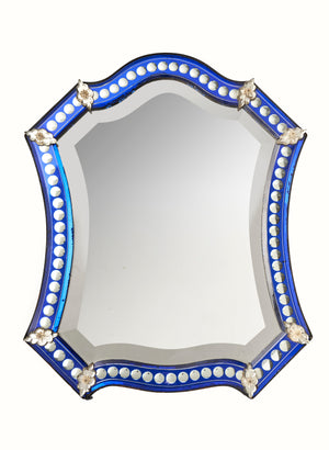 SOLD A stylish cobalt and clear Murano glass cartouche shaped table mirror, Italian Circa 1900