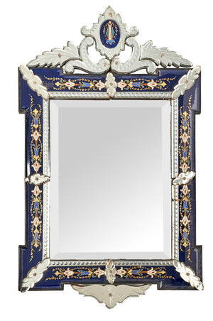 SOLD A beautiful Murano cobalt verre eglomise and etched glass wall mirror, Venetian Circa 1900