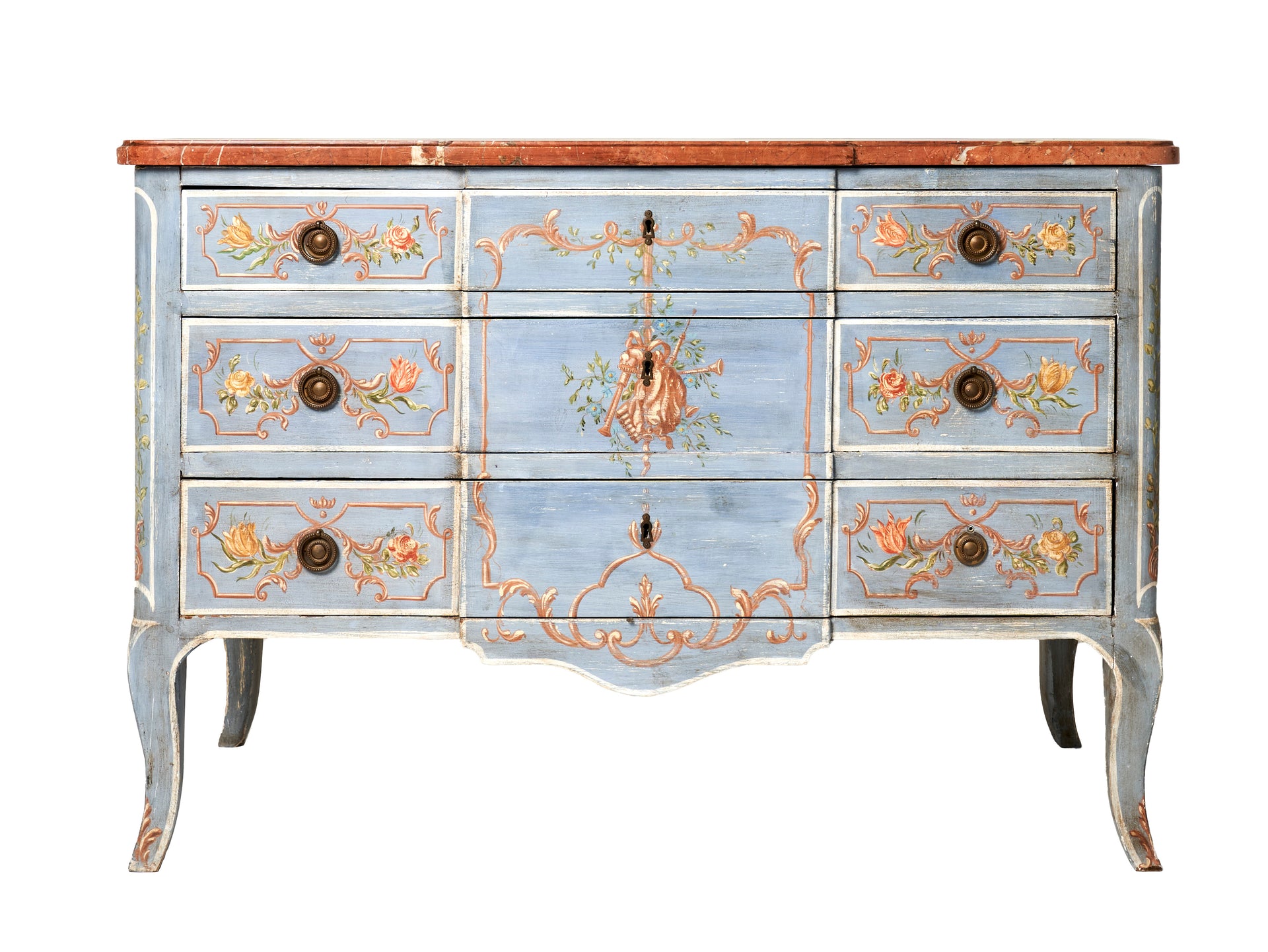 A beautifully painted rouge marble topped break-front commode, Italian 19th century
