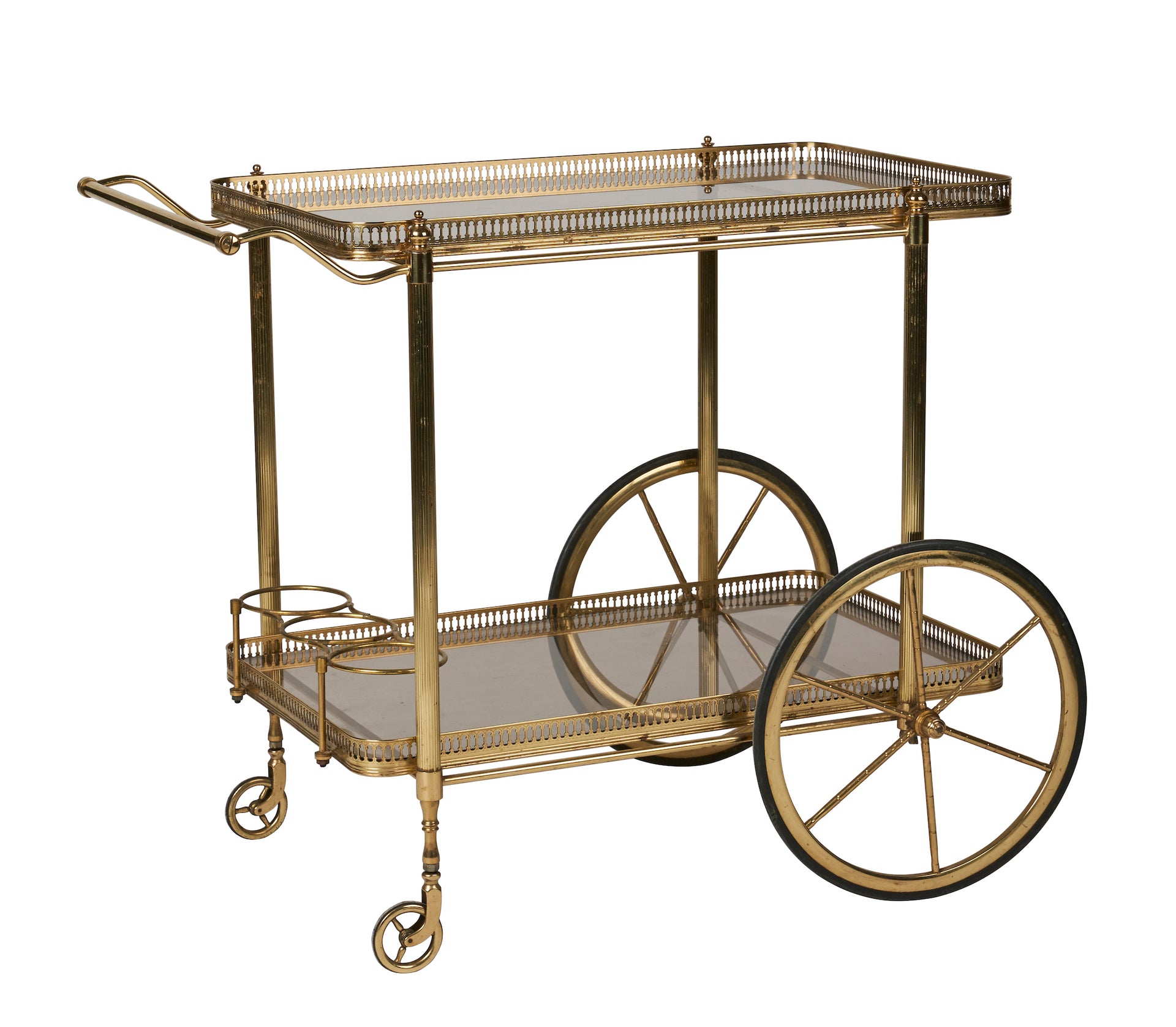 SOLD A stylish gilt metal and glass two tier tea /drinks trolley, French Circa 1950