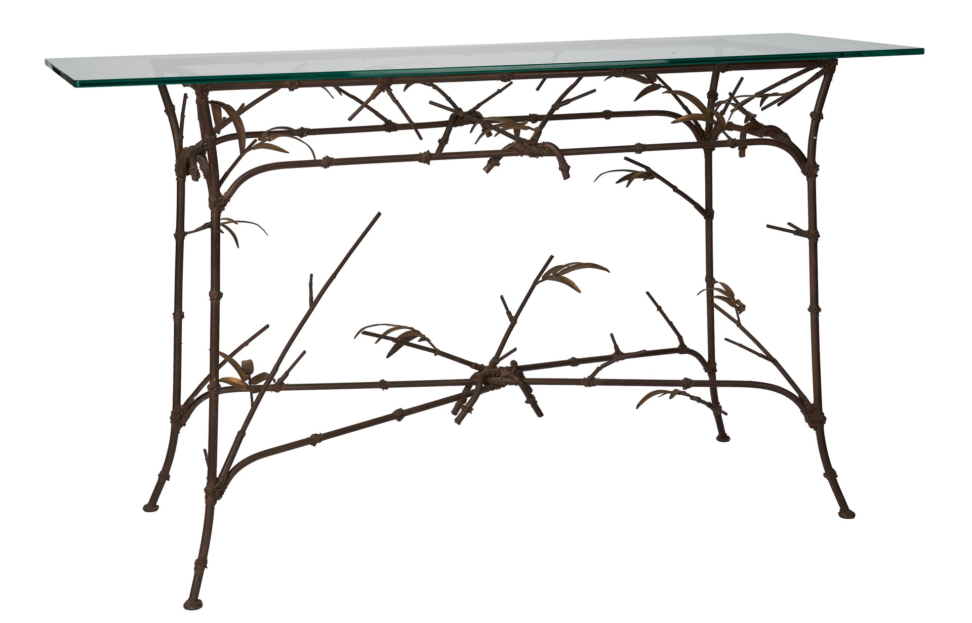 SOLD A unique and beautiful naturalistic faux bamboo gilt metal console with rectangular glass top , French Circa 1960