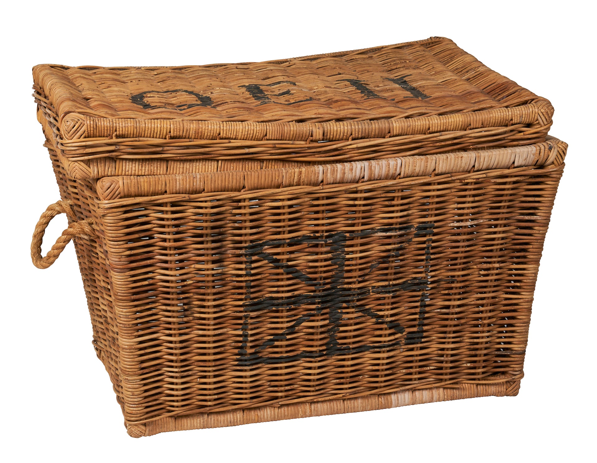 SOLD A large wicker hamper with painted letters and flag design, French Circa 1900
