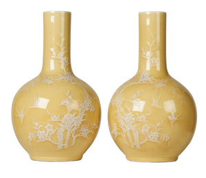 SOLD A beautiful pair of pale yellow porcelain vases with white enamel decoration of apple tree branches and birds in flight , Chinese 20th Century