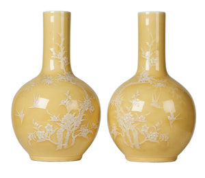 SOLD A beautiful pair of pale yellow porcelain vases with white enamel decoration of apple tree branches and birds in flight , Chinese 20th Century