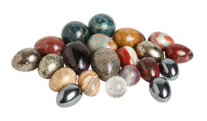 SOLD A collection of Vintage semi precious eggs and spheres, including agate, quartz, carnelian, agate and Amethyst.
