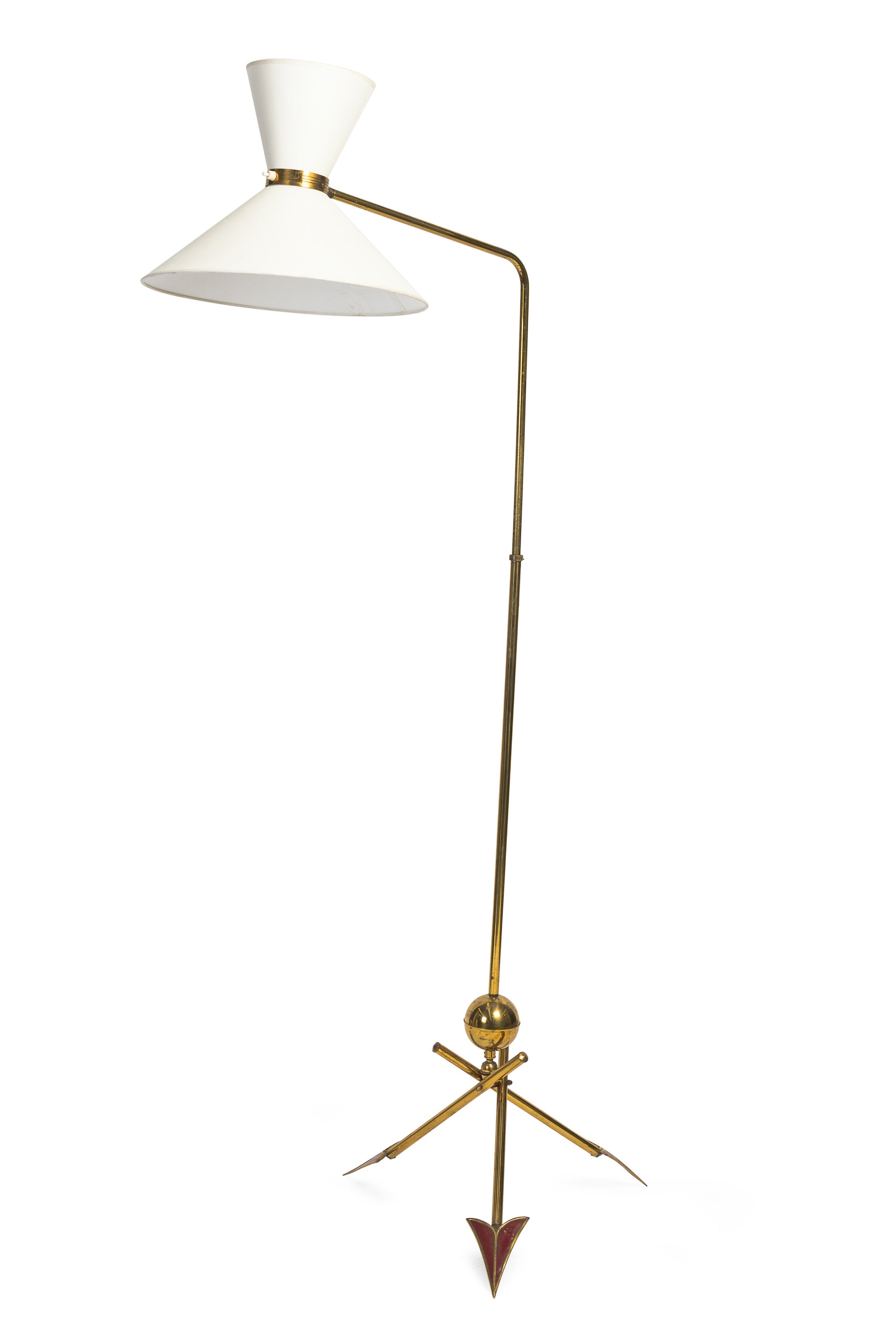 SOLD A stylish brass and red enamel arrow design floor lamp, French Circa 1950