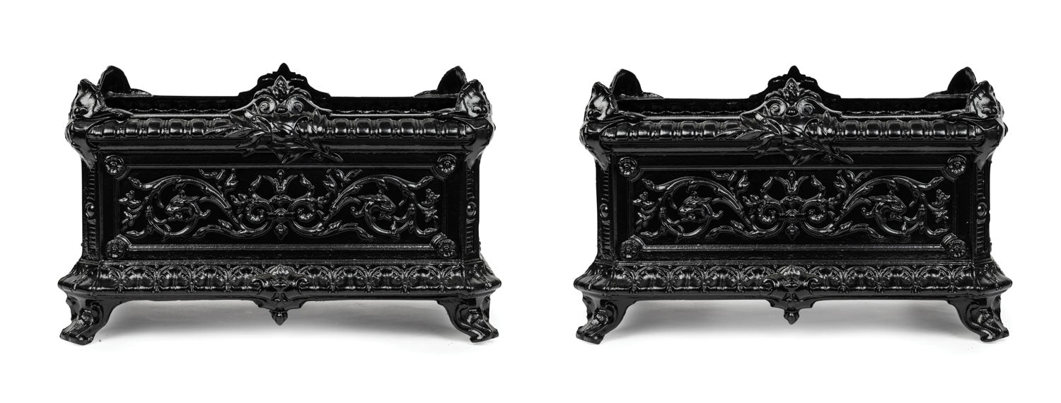 SOLD A pair of ornate black painted cast iron Jardinieres, French 19th Century