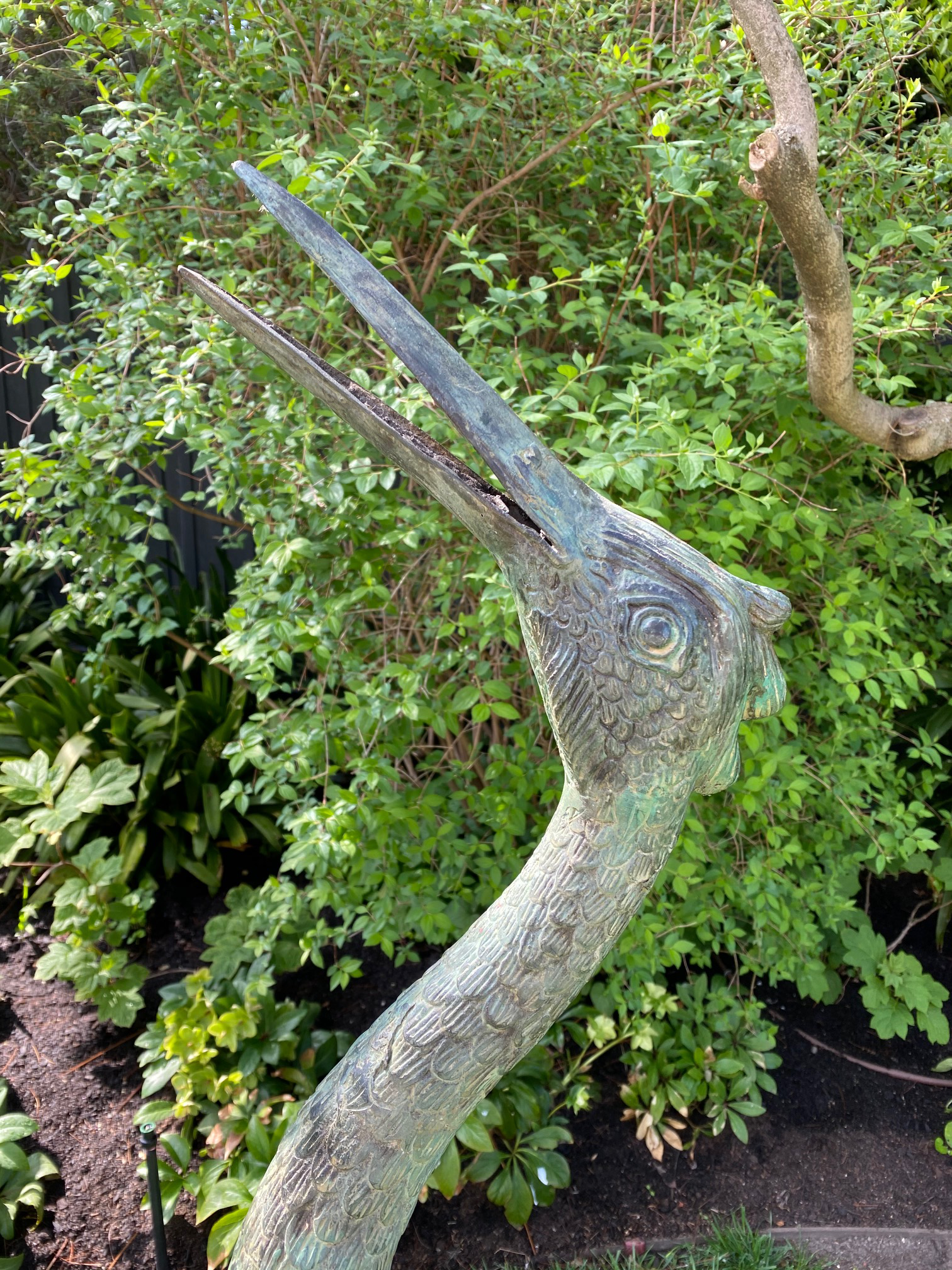 SOLD A beautiful pair of large bronze water birds with verdigris finish, in the Japanese style