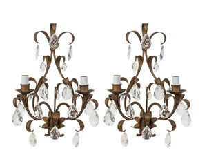 SOLD A pair of gilt metal and facet cut glass wall lustres, French Circa 1950