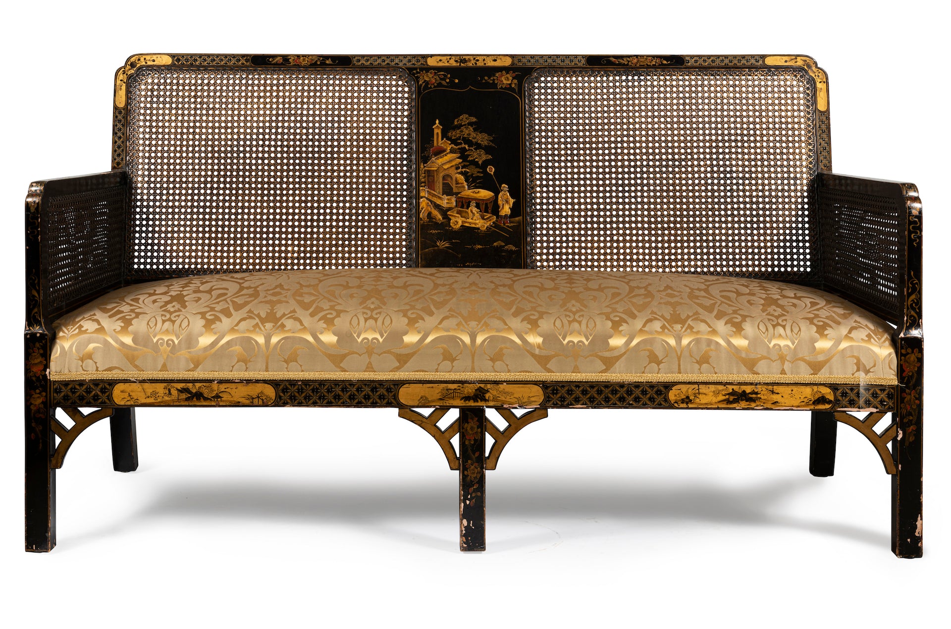 SOLD An exceptional black Chinoiserie lacquer and caned bergere three piece suite English Circa 1920