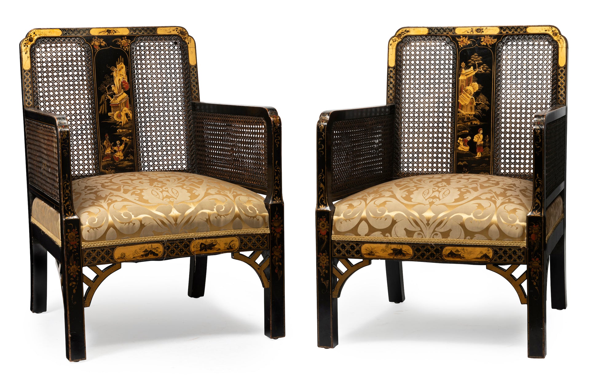 SOLD An exceptional black Chinoiserie lacquer and caned bergere three piece suite English Circa 1920