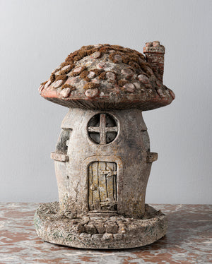 SOLD A charming painted French composite stone garden toadstool in the form of a Fairy's house
