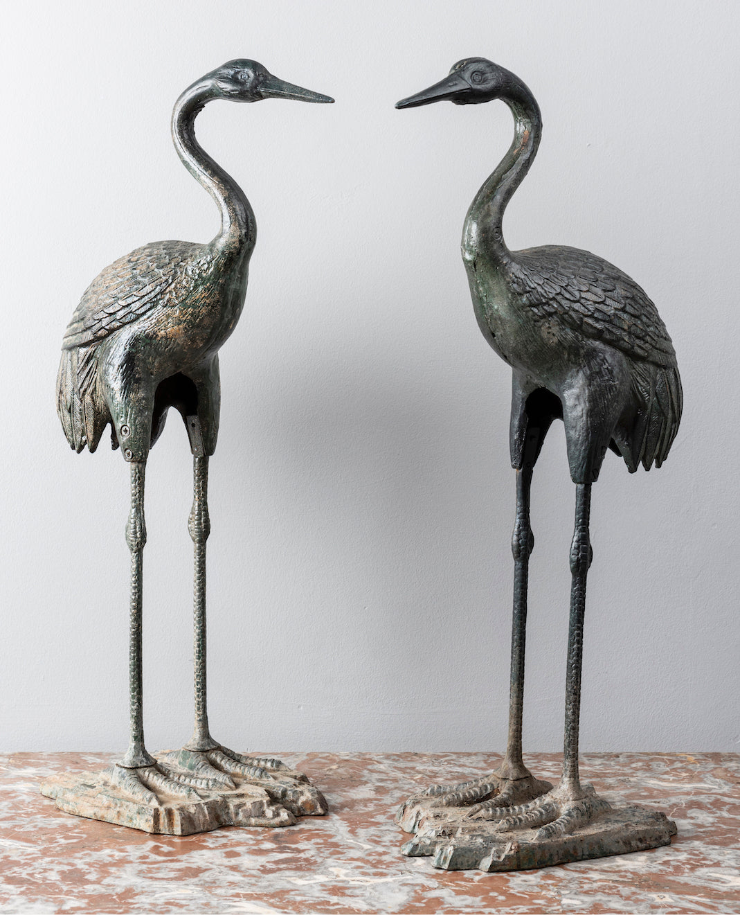 SOLD A pair of decorative bronzed green cast iron cranes, Japanese, Circa 1920