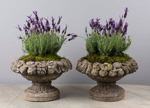 SOLD A pair of French circular composite stone jardenieres with fruit borders