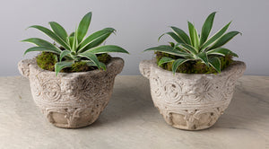 SOLD A pair of unusual French Medieval inspired composite stone circular jardinieres,