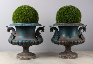 SOLD An impressive pair of dark green painted cast-iron urns with dragon handles, French 19th Century