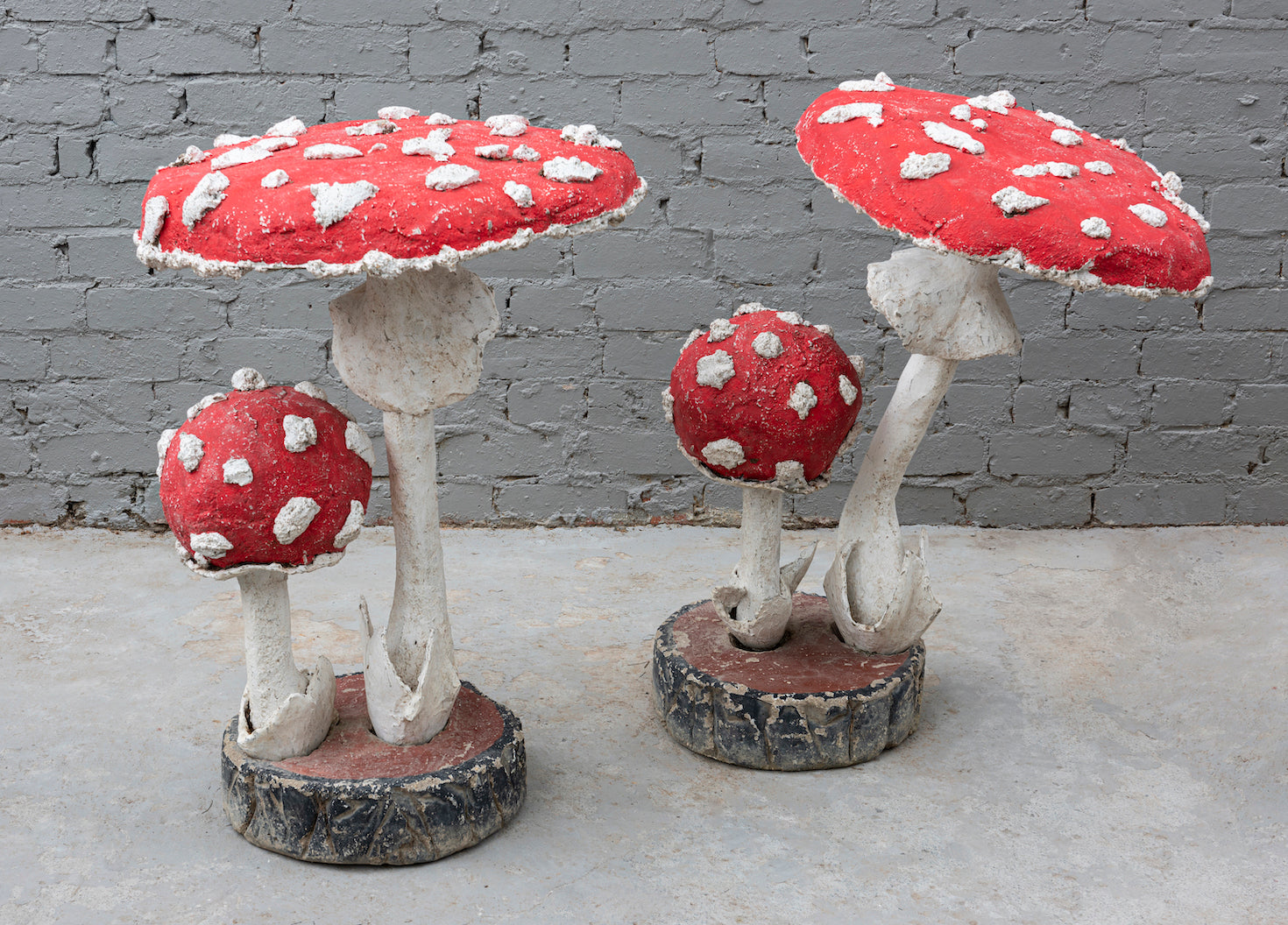 SOLD A pair of fabulous polychrome painted giant cement toadstools , French Circa 1950