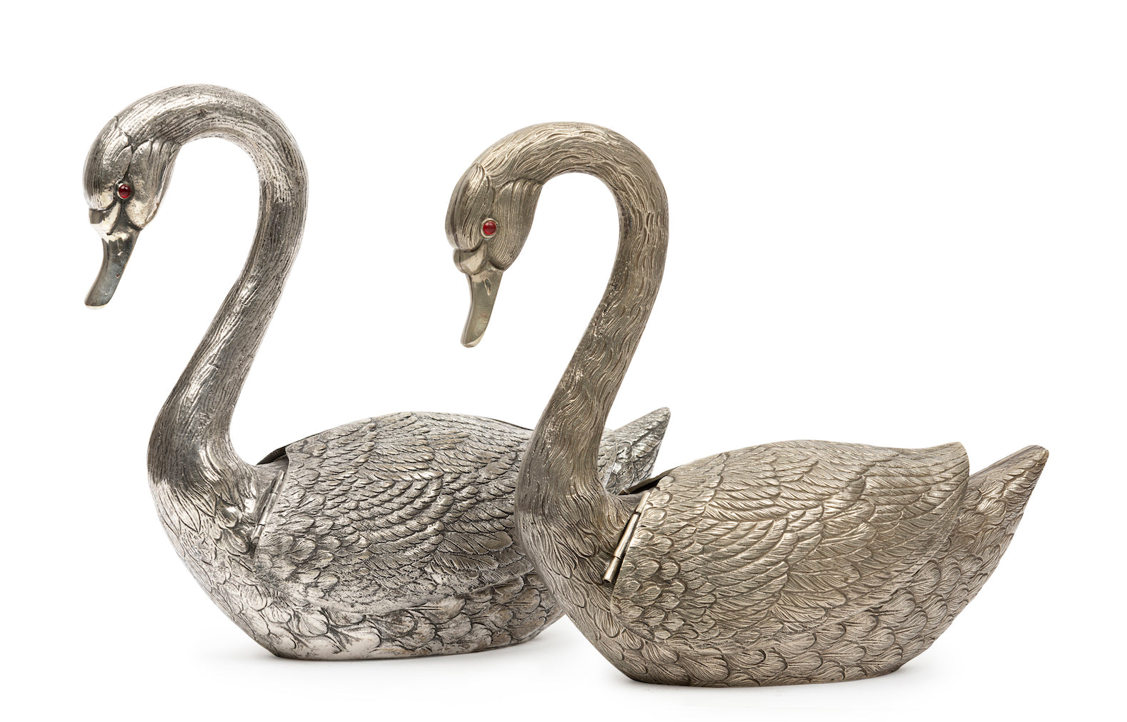 SOLD Two silver metal swan form vases with reticulated wings and glass eyes, Continental Circa 1900