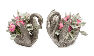 SOLD Two silver metal swan form vases with reticulated wings and glass eyes, Continental Circa 1900