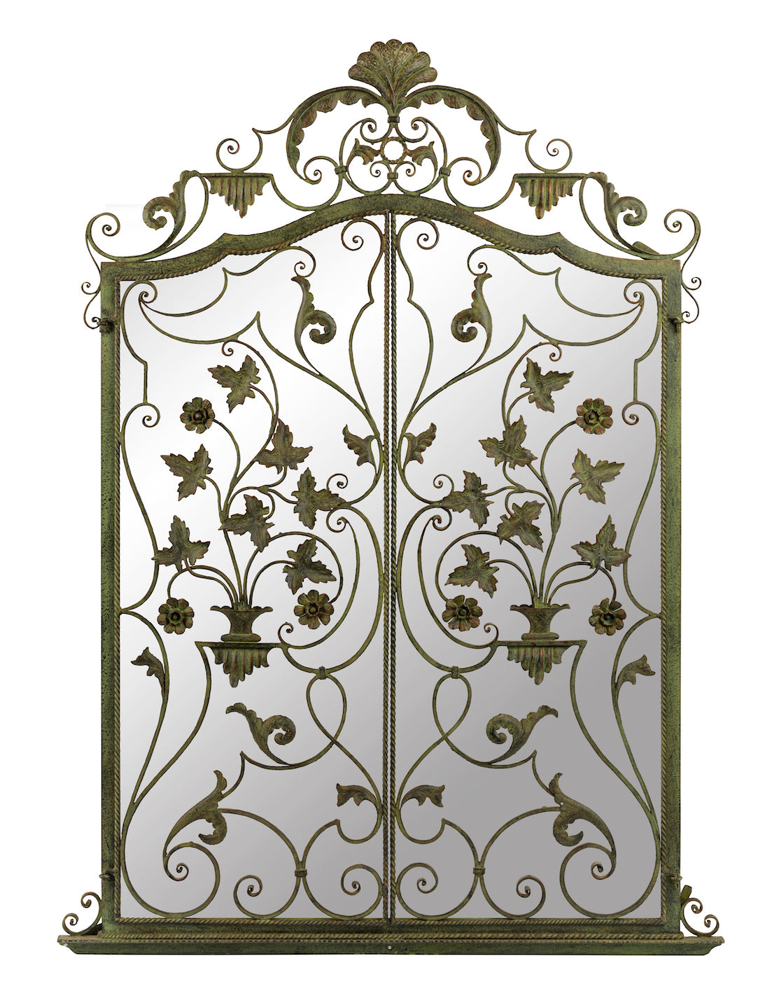 SOLD An unusual verdigris finish wrought iron wall mirror, French Circa 1940
