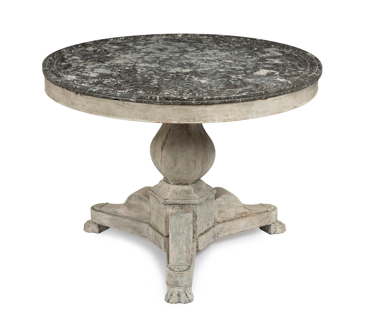 SOLD A very decorative French painted pedestal table with fine black marble top