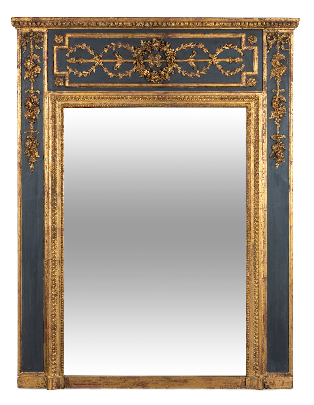 SOLD A finely carved grey painted and gilded overmantel mirror, French 19th Century