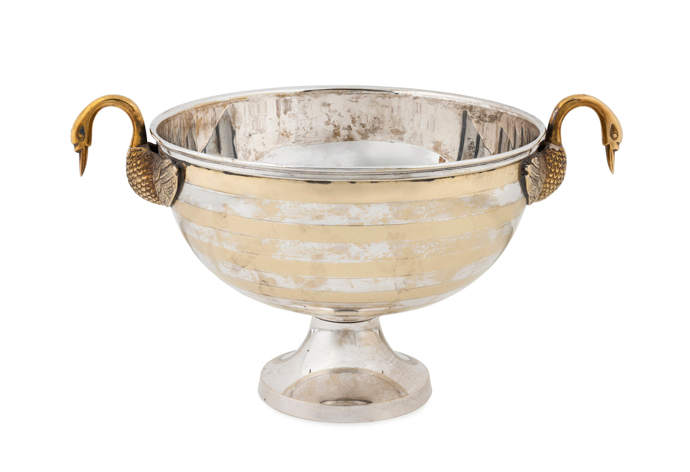 SOLD An unusual brass and silver plate striped wine cooler with twin swan form handles, Indian Circa 1950