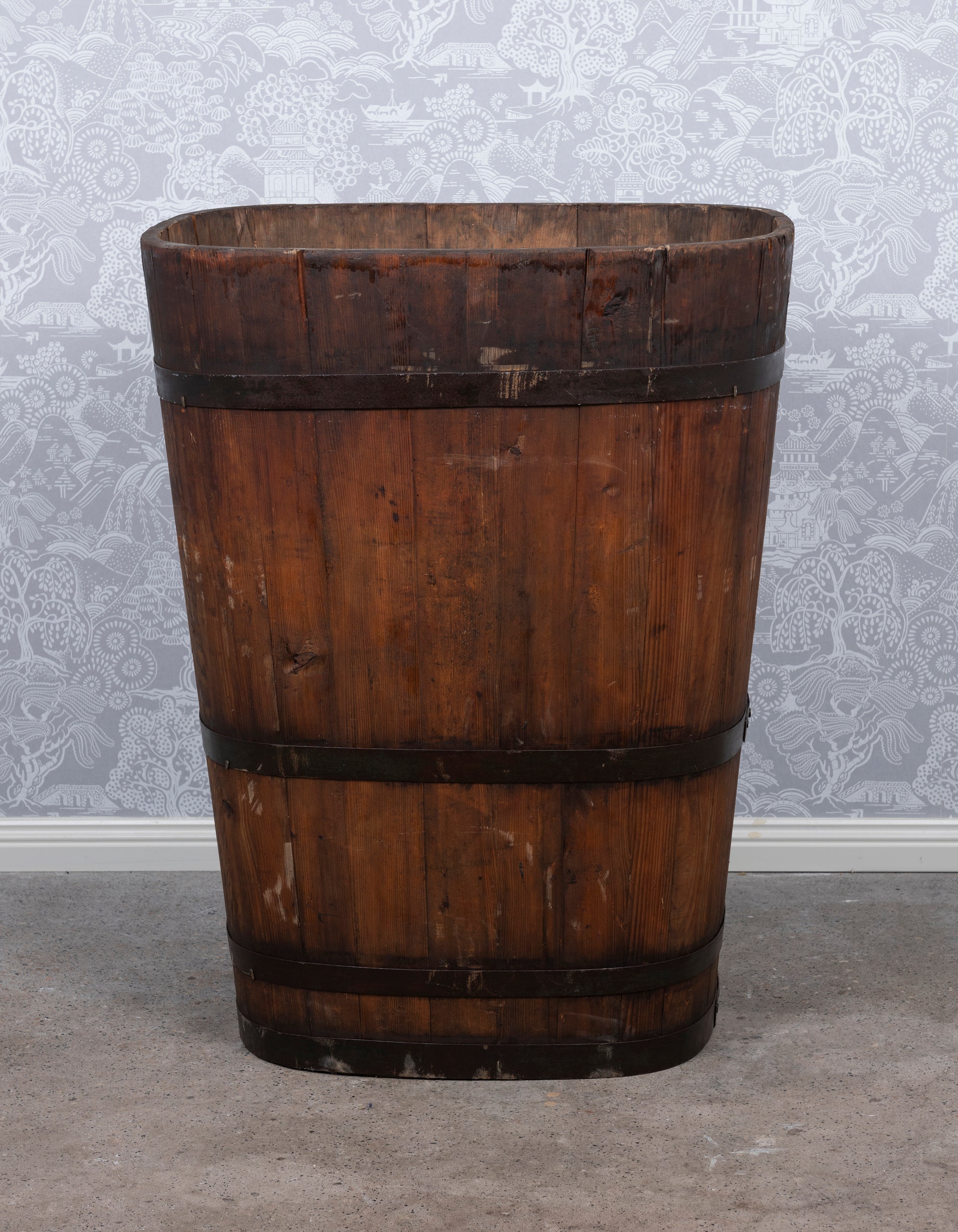SOLD A large rectangular coopered oak and metal banded grape harvesting tub, French 19th Century