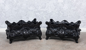 SOLD pair of ornate black painted cast iron jardinieres, French 19th Century