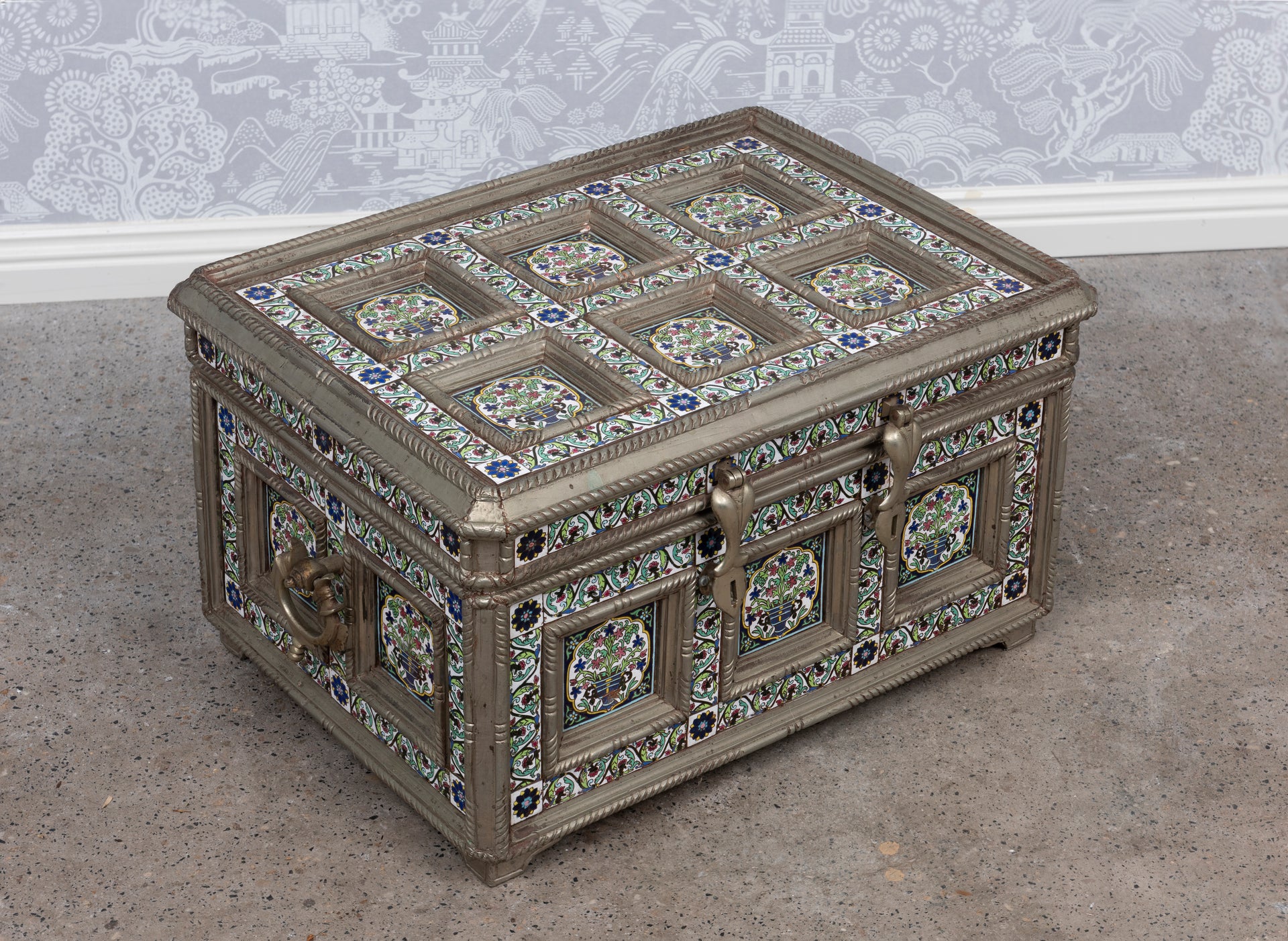 SOLD An exotic timber, ceramic tile and silvered metal box, Indian 20th Century