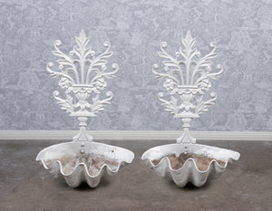 SOLD A pair of unusual vintage white painted metal wall mounted shell design planters