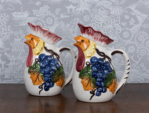 SOLD A pair of vintage majolica wine /water jugs in the form of cockerals, Italian Circa 1960