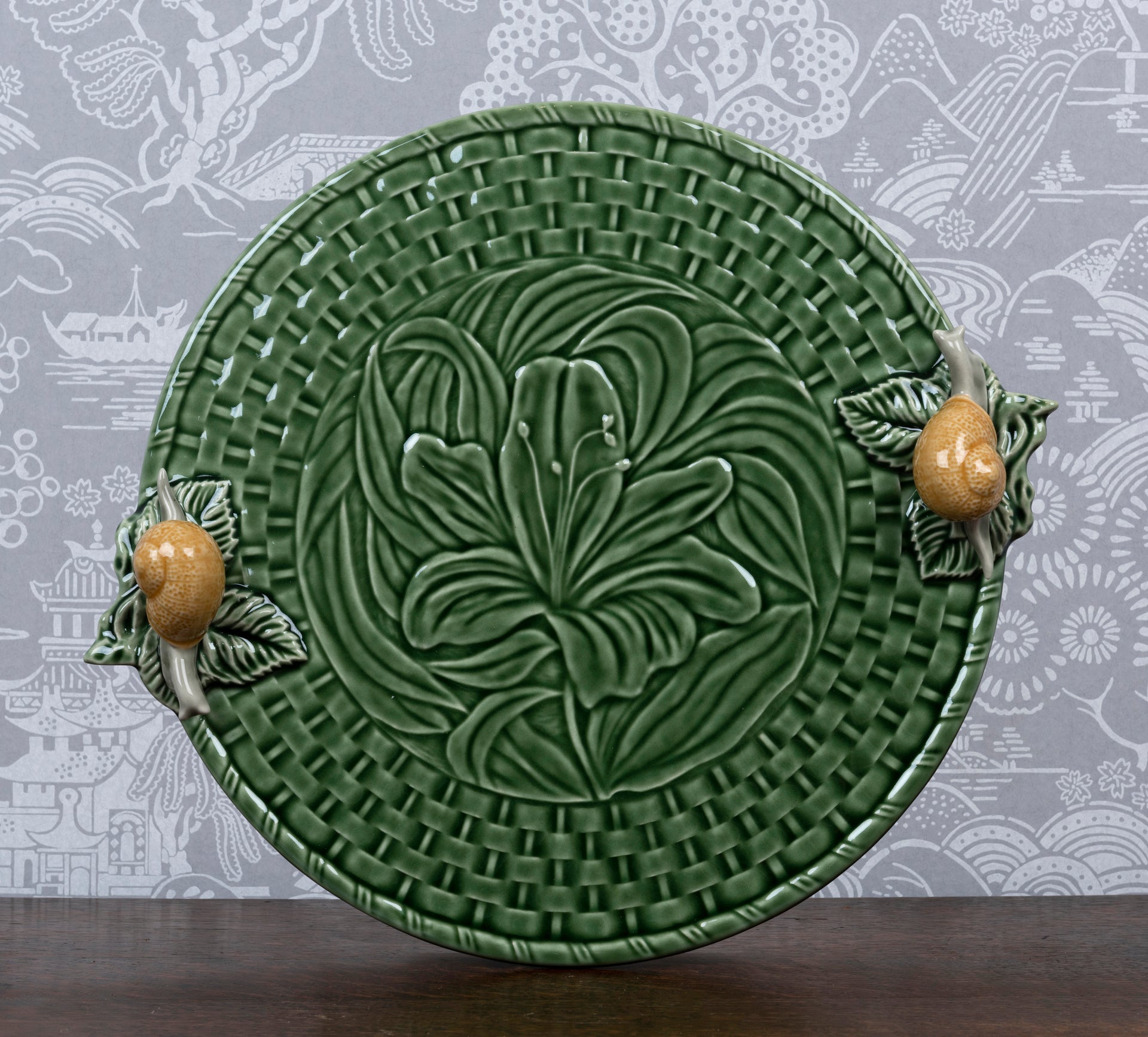 SOLD A lily and twin garden snail platter by Bordallo Pinheiro, Portugal
